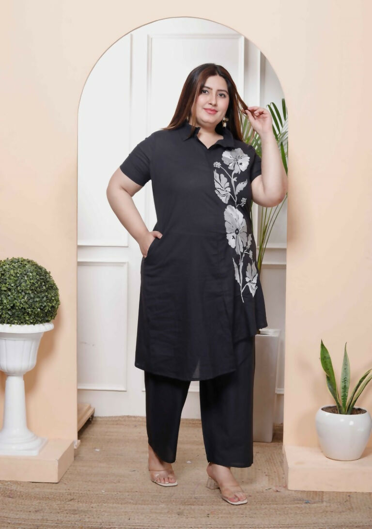 Miravan Women's Plus Size Black Pure Cotton Floral Embroidered High Low Co-Ord Set
