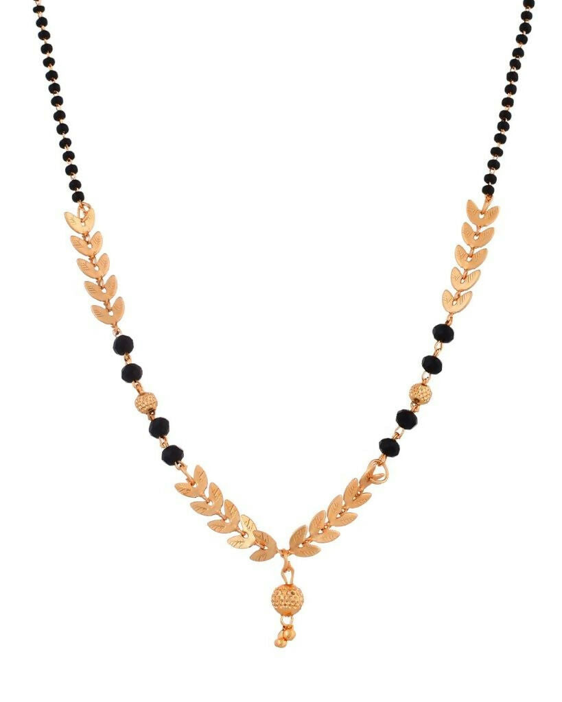 VOJ Gold-Polished Leaf Design Beaded Chain Mangalsutra