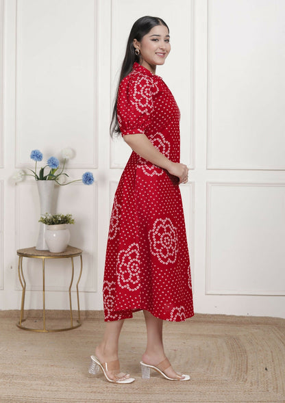 Miravan Womens Red Bandhani Printed Collar Neck Maxi Dress