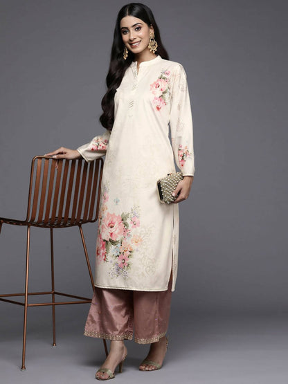 Ahalyaa Women Cream-Coloured & Pink Floral Printed Gotta Patti Floral Velvet Kurta