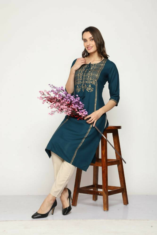 Maai Rayon Hand Printed Kurta Navy