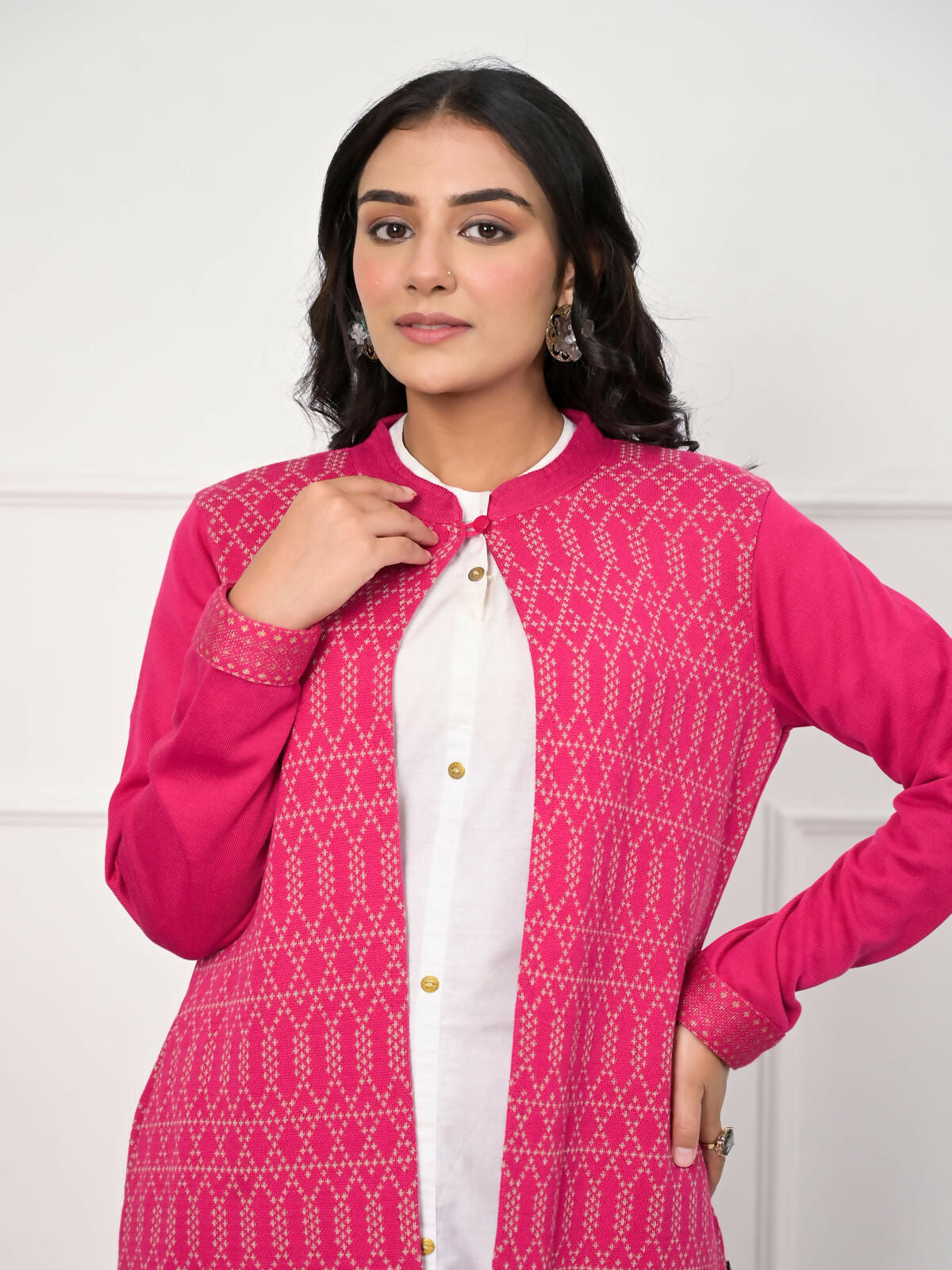 Juniper Women's Pink Ethnic Motif Printed Cotton Long Winter Wear Jacket