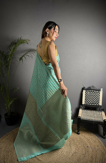 Joban Fashion Light Blue Banarasi Soft Lichi Silk Checks & Woven Saree