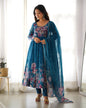 Lorenvalley Fashion Women Pure Soft Organza Silk Floral Print Fully Flair Anarkali With Pent Dupatta Set - Teal