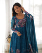 Lorenvalley Fashion Women Pure Soft Organza Silk Floral Print Fully Flair Anarkali With Pent Dupatta Set - Teal