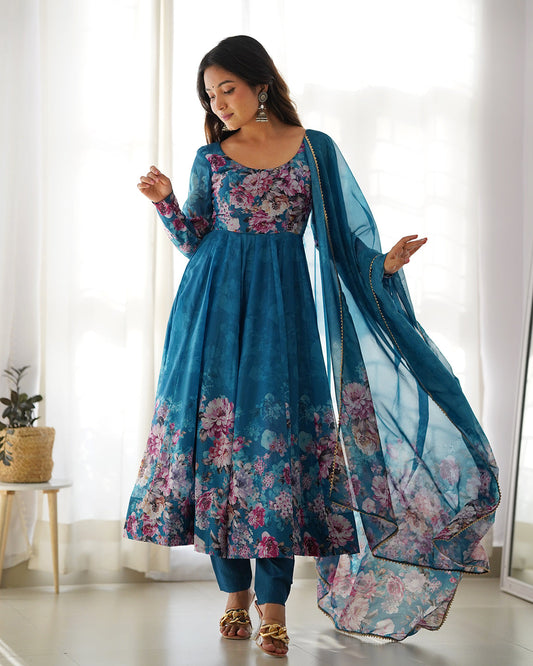 Lorenvalley Fashion Women Pure Soft Organza Silk Floral Print Fully Flair Anarkali With Pent Dupatta Set - Teal