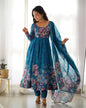Lorenvalley Fashion Women Pure Soft Organza Silk Floral Print Fully Flair Anarkali With Pent Dupatta Set - Teal