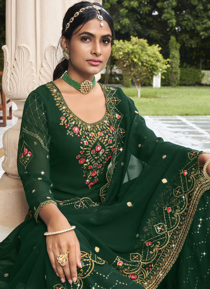 Vegaa Fashion Green Georgette Embroidery Designer Sharara Suit