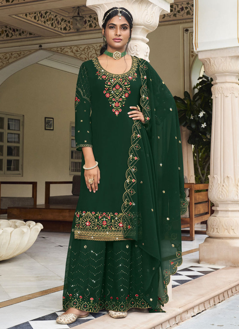 Vegaa Fashion Green Georgette Embroidery Designer Sharara Suit