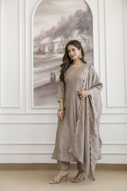 The52 Chiku Women's Beautiful Vichitra Silk Fabric Embroidered Work Flared Anarkali Pant and Dupatta Set
