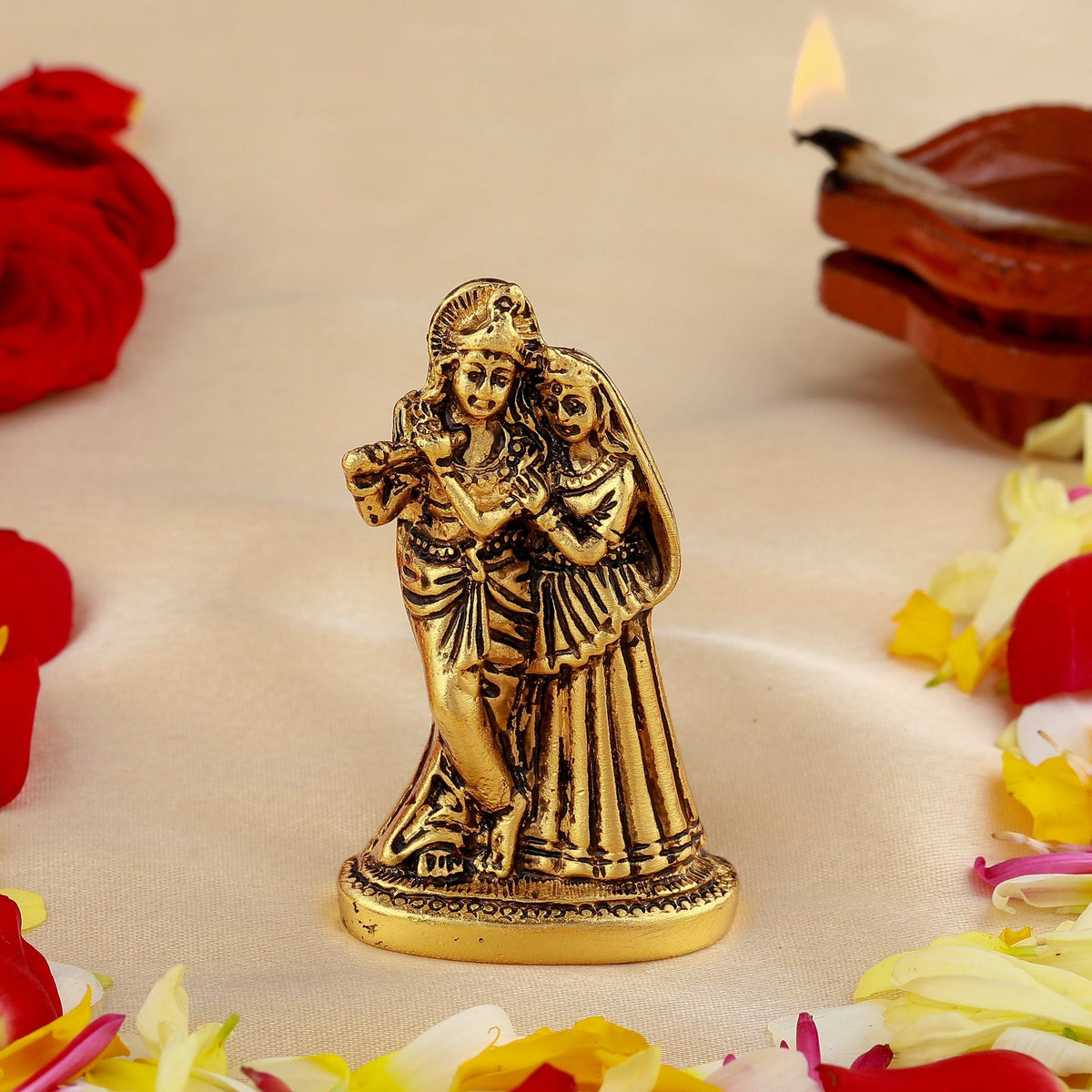 Estele Gold-Polished Devotional Shree Radha Krishna Idol for Home/Car Decor