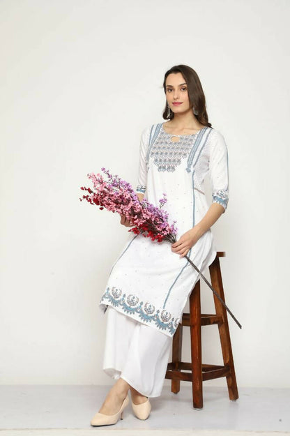 Maai Rayon Hand Printed Kurta Off-White