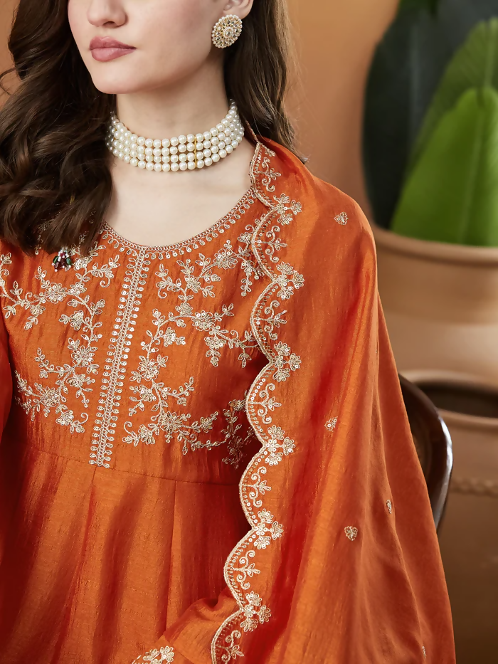 The52 Orange Women's Beautiful Vichitra Silk Fabric Embroidered Work Flared Anarkali Pant and Dupatta Set