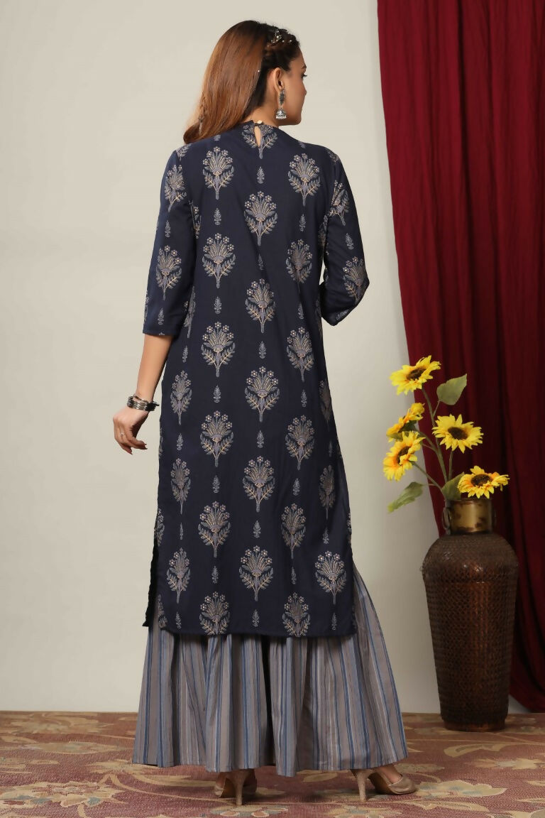 Miravan Women's Blue & Grey Printed Pure Cotton Kurta With Sharara