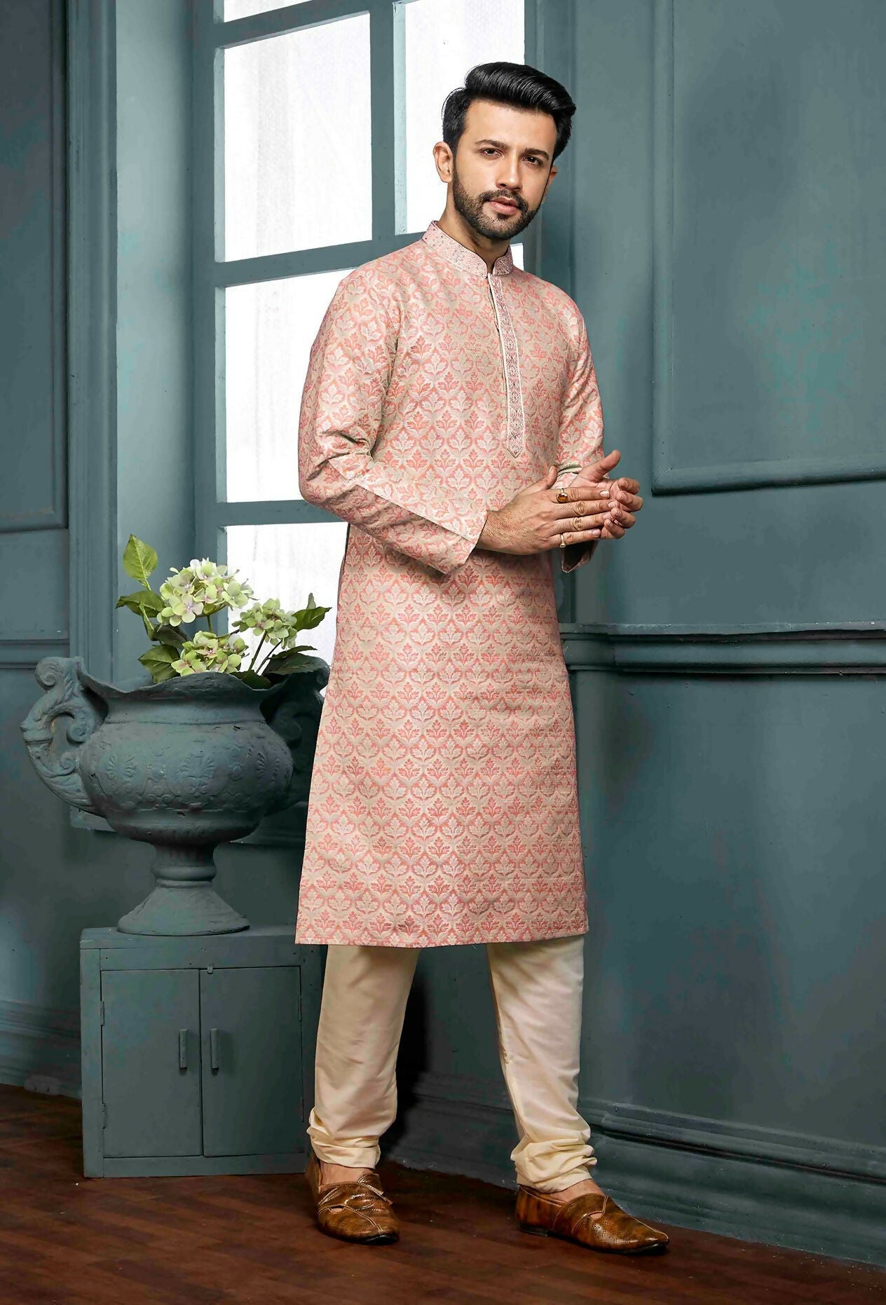 Joban Fashion Men's Peach Poly Jacquard Kurta Pajama