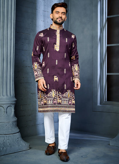 Prazu Fashion Purple Soft Silk Multi Thread Embroidery Deer Pattern Daaman Concept Kurta