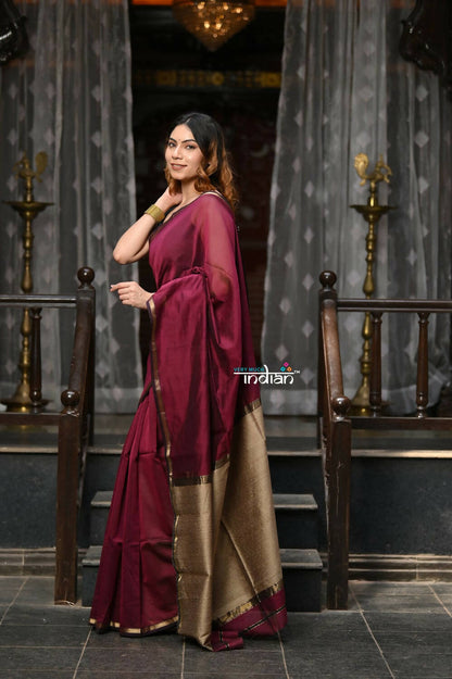 Very Much Indian VMI Exclusive Designer! Handloom Cotton Silk Saree With Sleek Golden Border - Maroon Shade