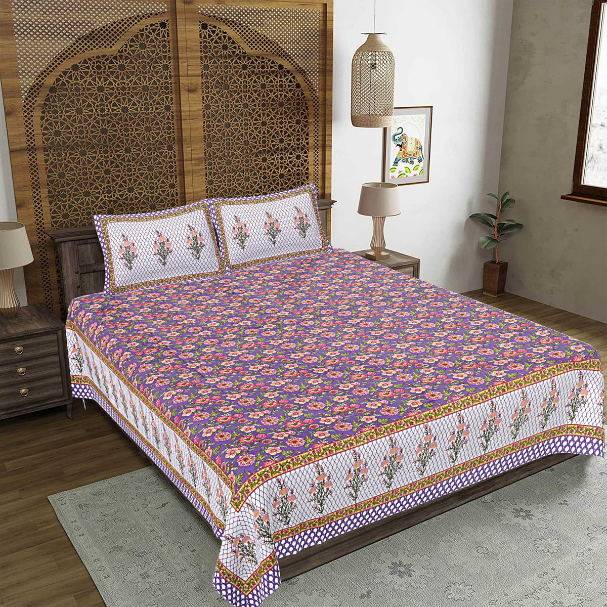 Rudra Bazaar Purple 210 TC Cotton Double King Bedsheet With 2 Pillow Covers