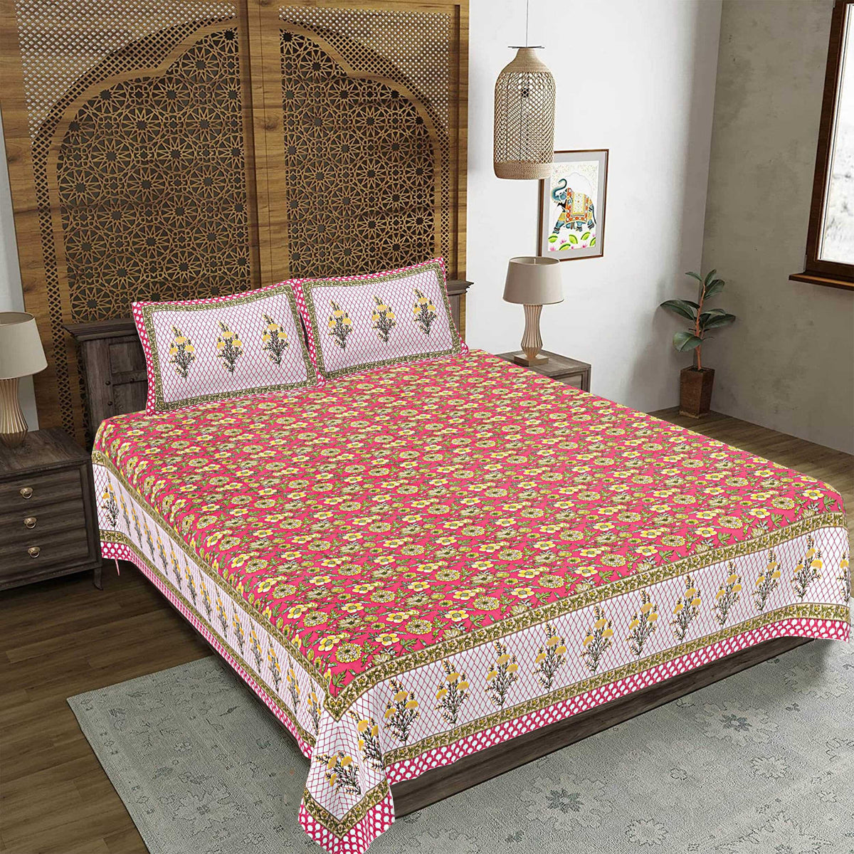 Rudra Bazaar Red 210 TC Cotton Double King Bedsheet With 2 Pillow Covers