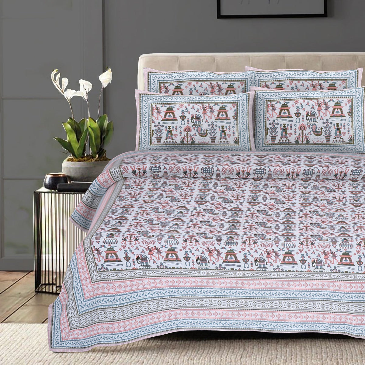 Rudra Bazaar Orange Turquise 210 TC Cotton Double King Bedsheet With 2 Pillow Covers