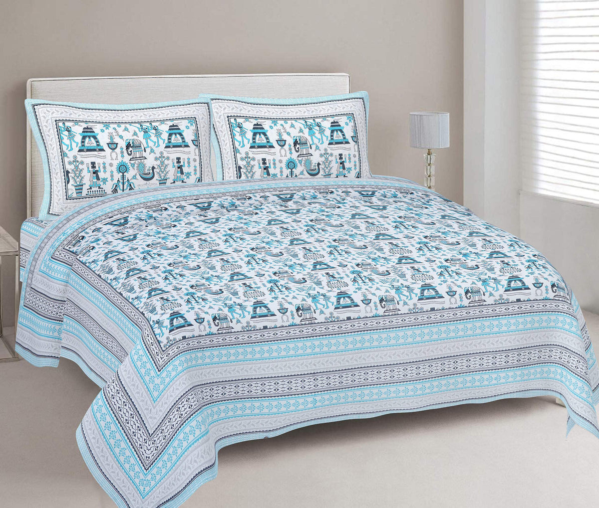 Rudra Bazaar Blue 210 TC Cotton Double King Bedsheet With 2 Pillow Covers