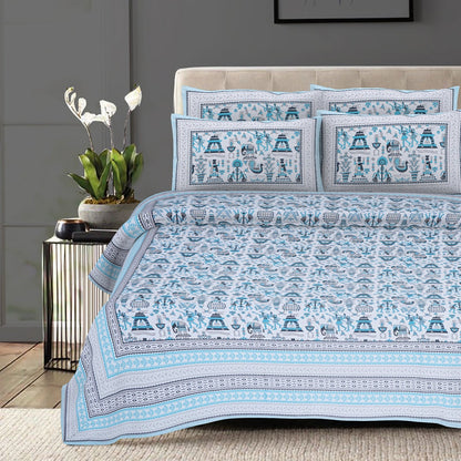 Rudra Bazaar Blue 210 TC Cotton Double King Bedsheet With 2 Pillow Covers