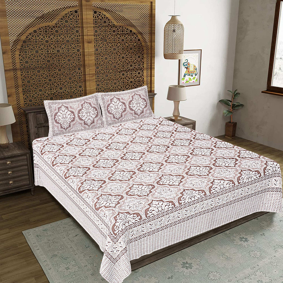 Rudra Bazaar Brown 210 TC Cotton Double King Bedsheet With 2 Pillow Covers