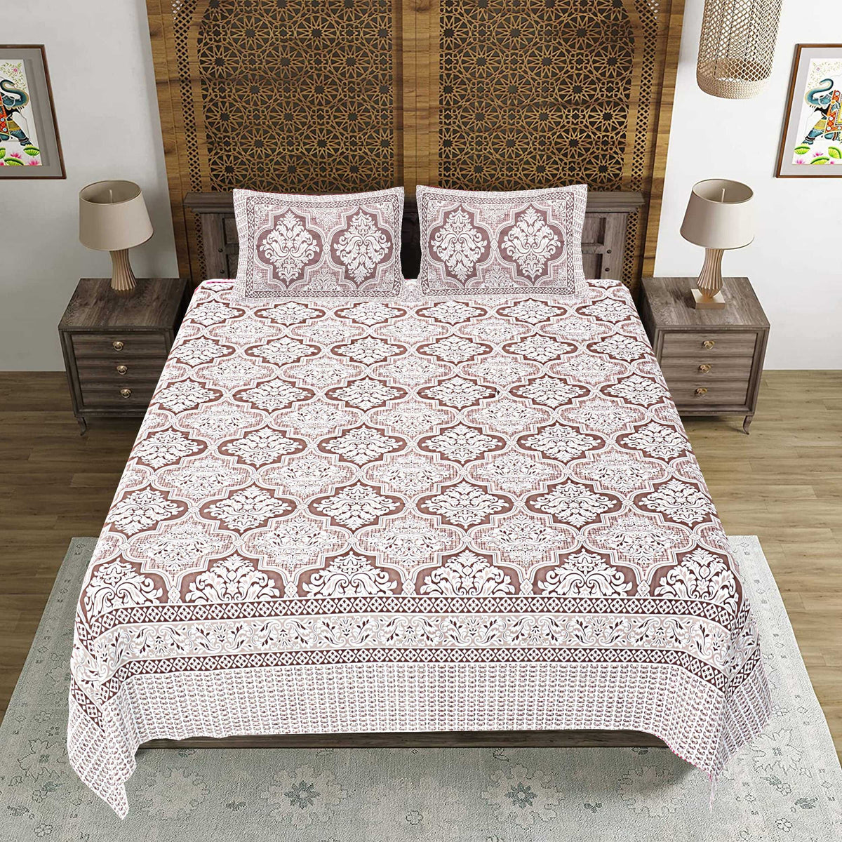 Rudra Bazaar Brown 210 TC Cotton Double King Bedsheet With 2 Pillow Covers