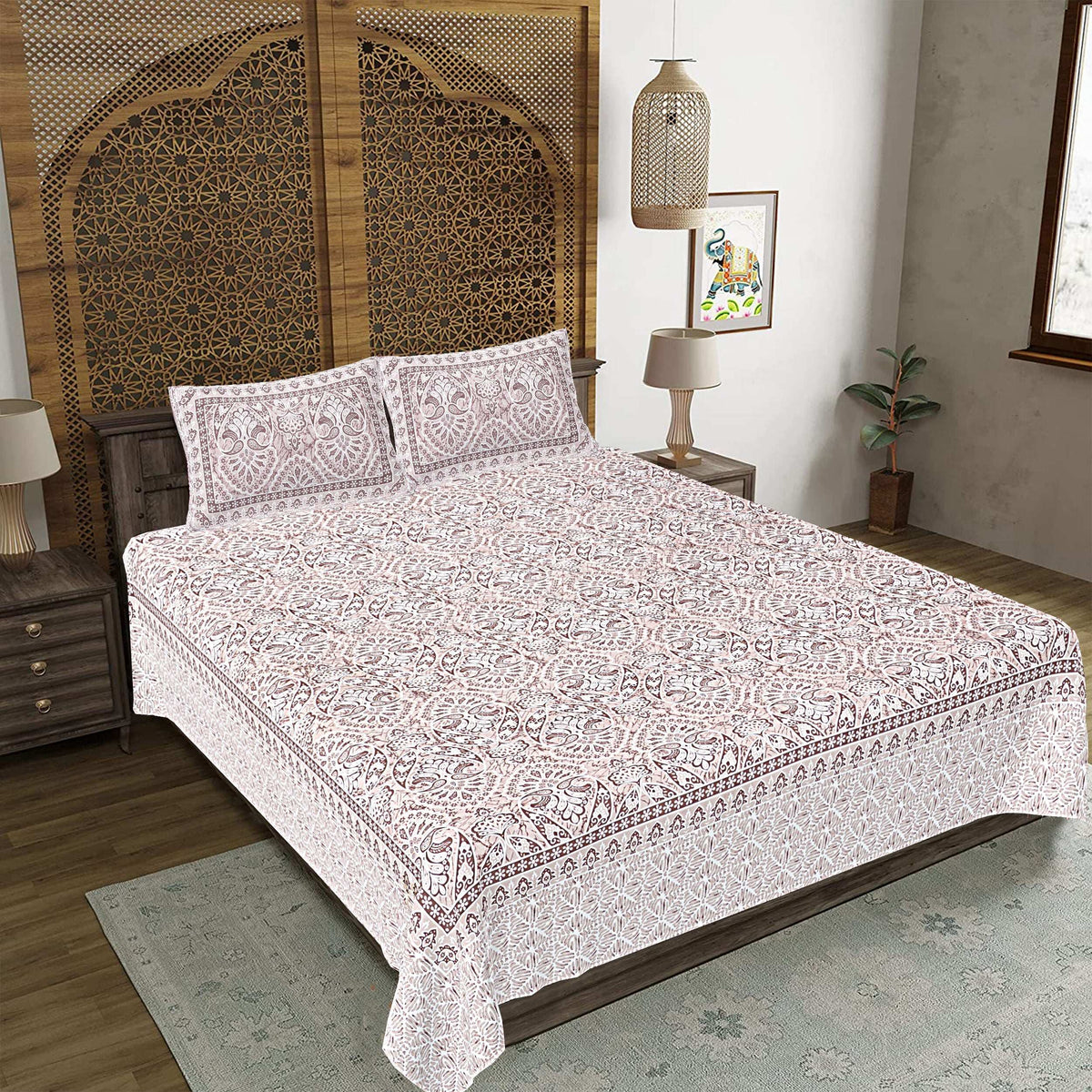 Rudra Bazaar Brown 210 TC Cotton Double King Bedsheet With 2 Pillow Covers