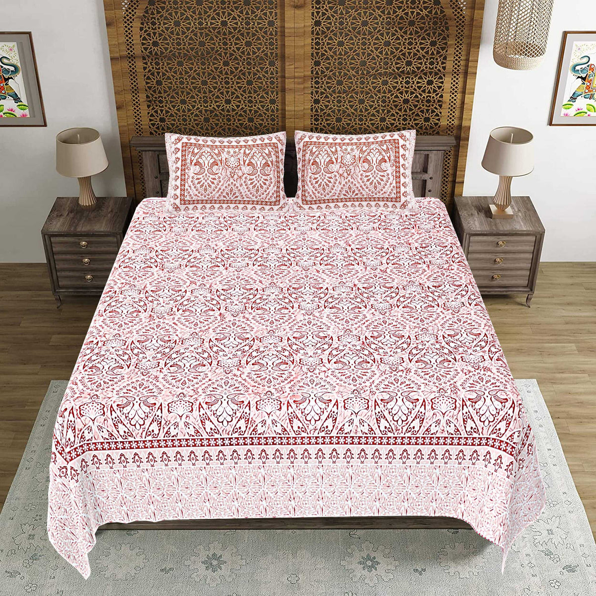 Rudra Bazaar Peach 210 TC Cotton Double King Bedsheet With 2 Pillow Covers