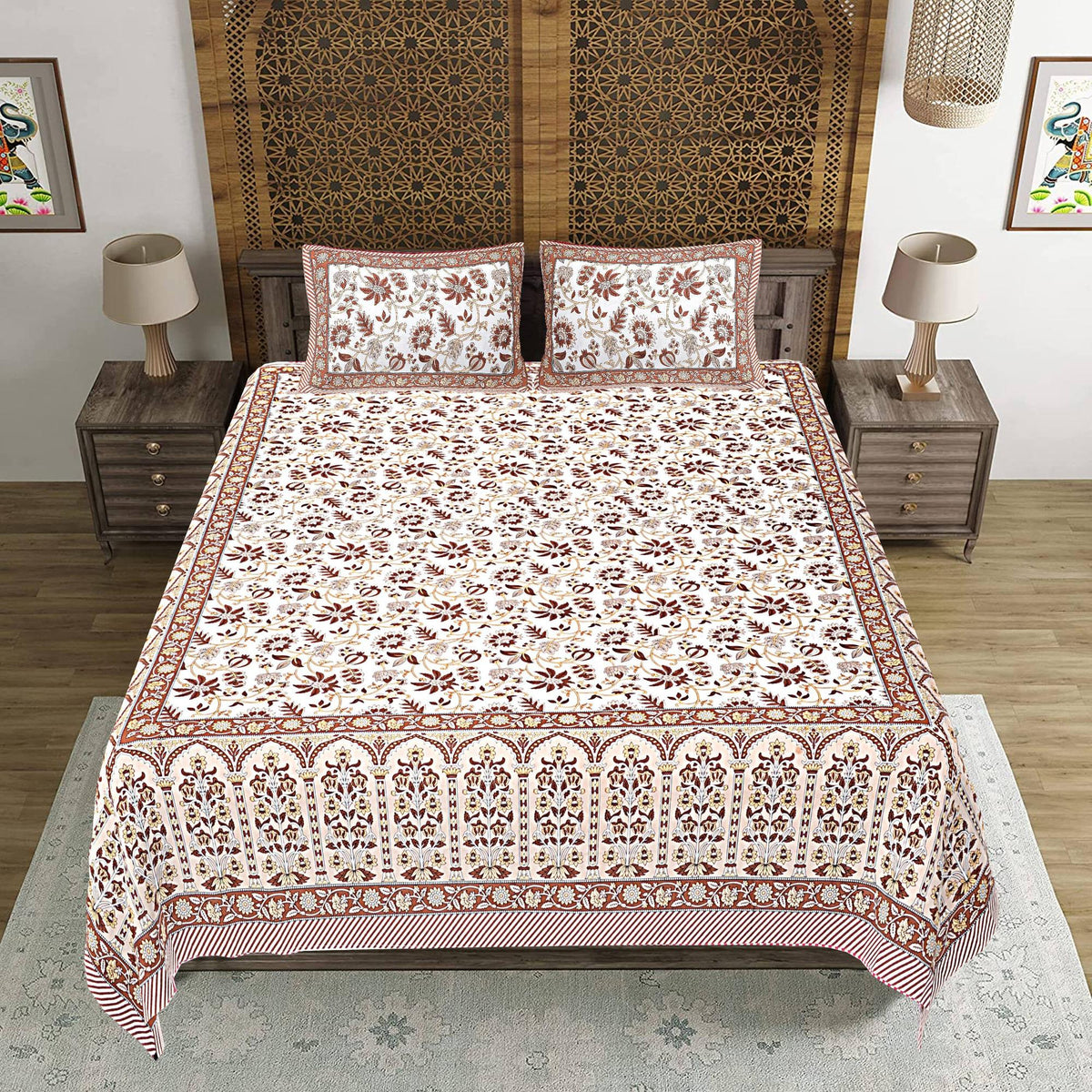 Rudra Bazaar Brown 210 TC Cotton Double King Bedsheet With 2 Pillow Covers