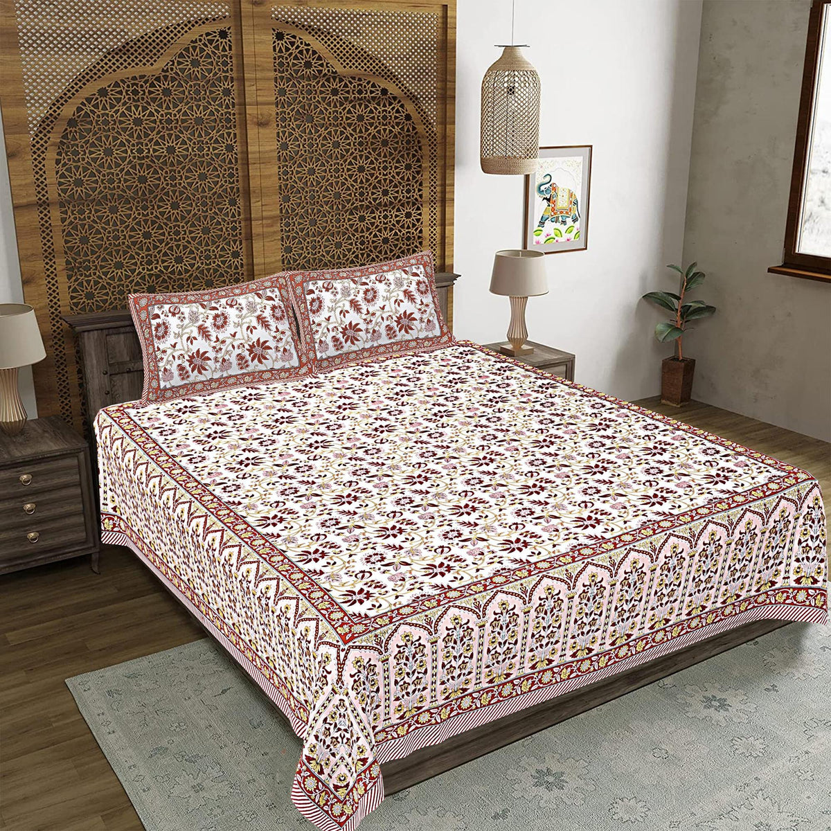Rudra Bazaar Peach 210 TC Cotton Double King Bedsheet With 2 Pillow Covers
