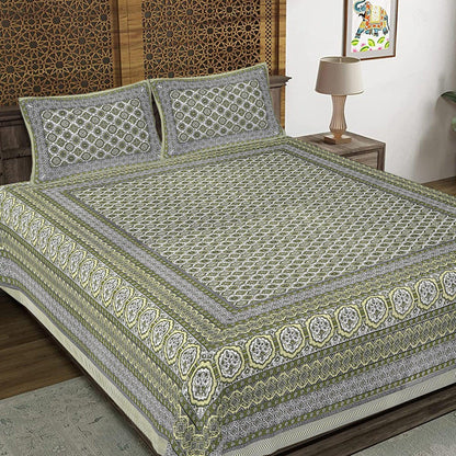 Rudra Bazaar Green 210 TC Cotton Double King Bedsheet With 2 Pillow Covers