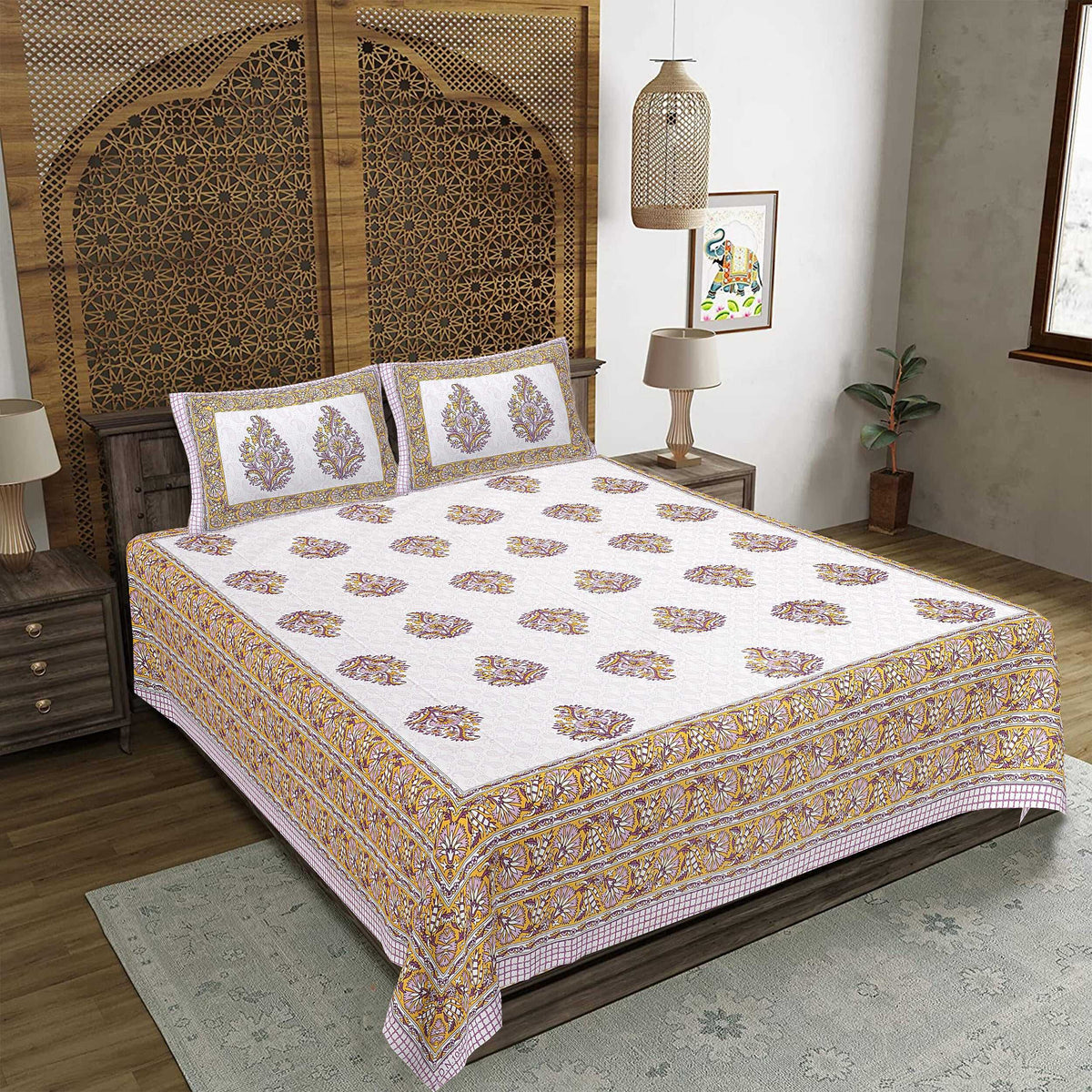 Rudra Bazaar Purple Gold 210 TC Cotton Double King Bedsheet With 2 Pillow Covers