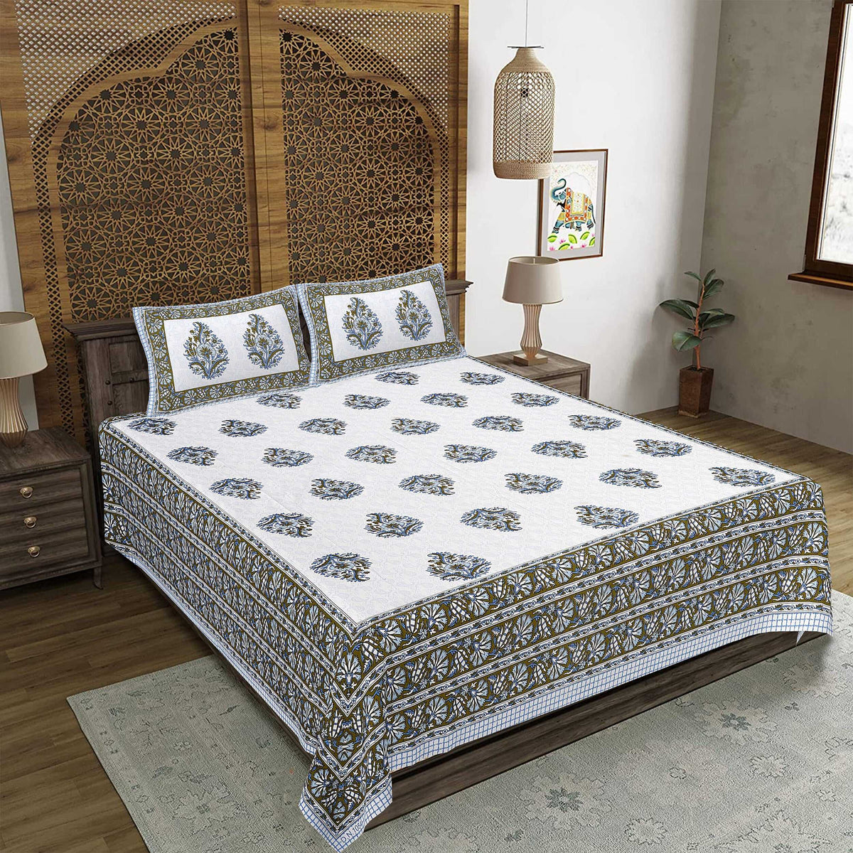 Rudra Bazaar Blue Green 210 TC Cotton Double King Bedsheet With 2 Pillow Covers