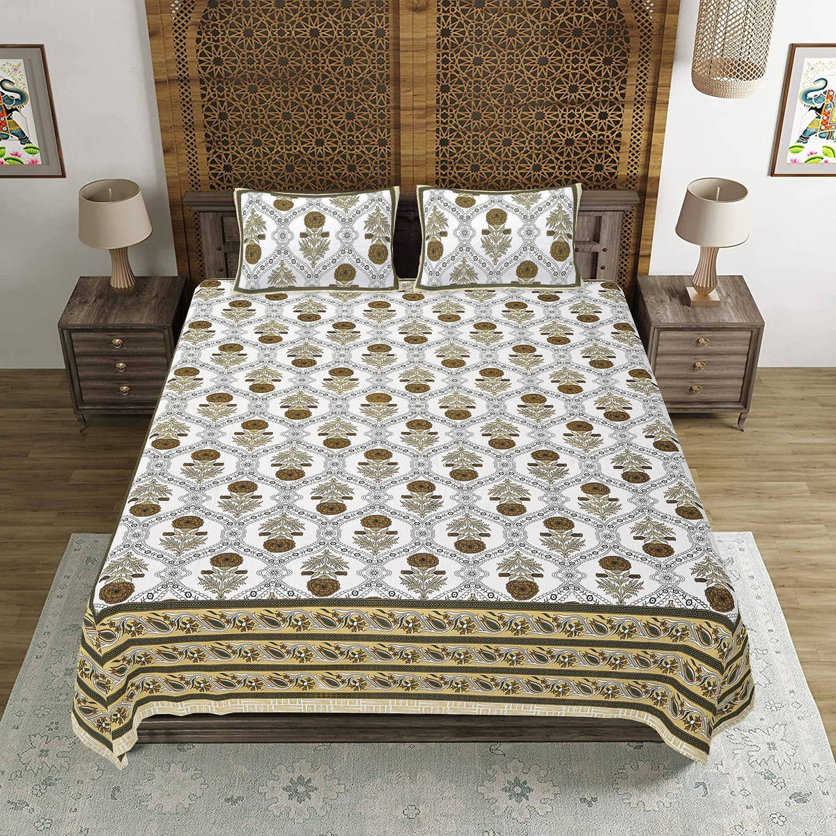 Rudra Bazaar Green 210 TC Cotton Double King Bedsheet With 2 Pillow Covers
