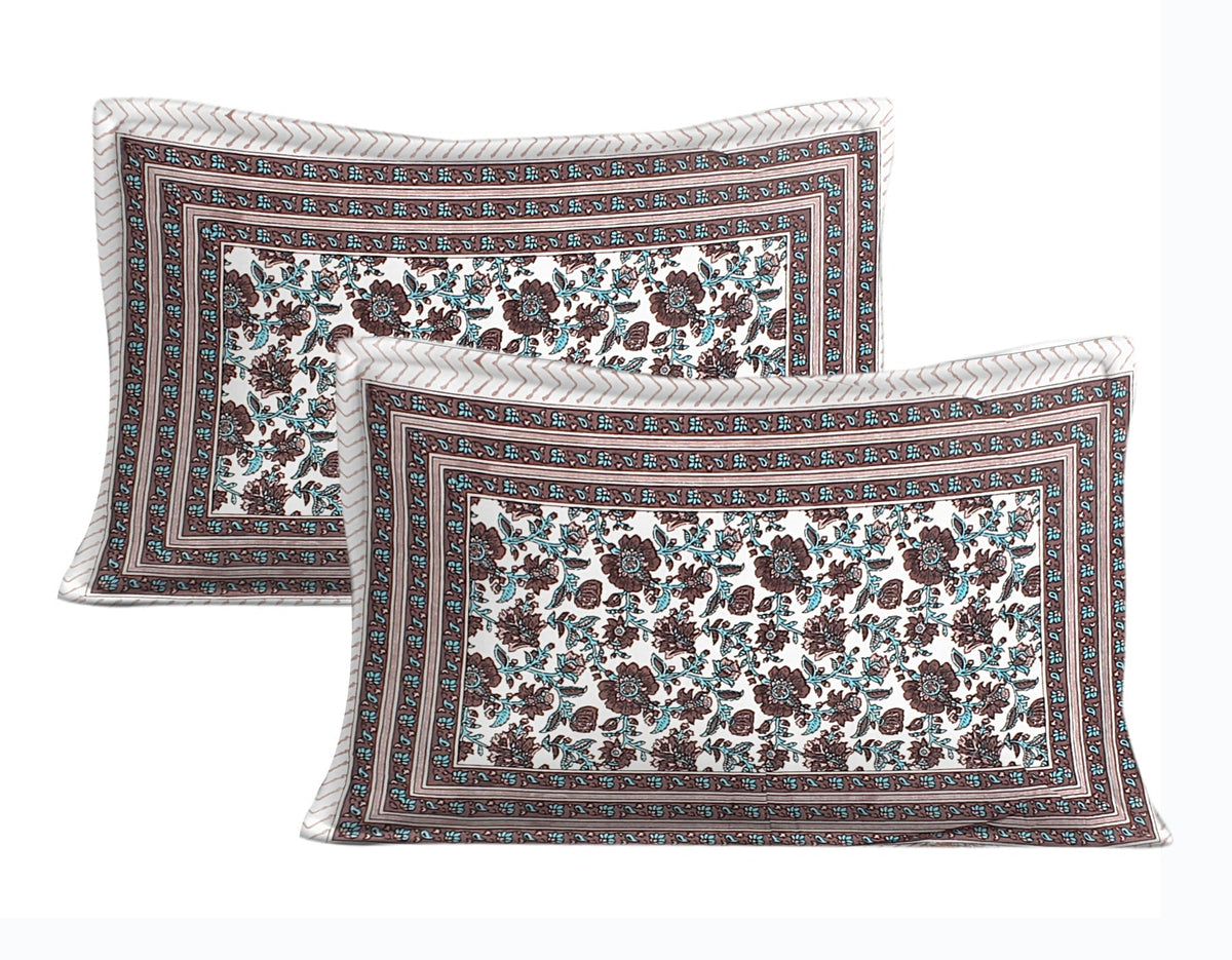 Rudra Bazaar Blue Brown 210 TC Cotton Double King Bedsheet With 2 Pillow Covers