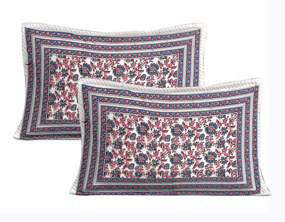 Rudra Bazaar Blue Pink 210 TC Cotton Double King Bedsheet With 2 Pillow Covers