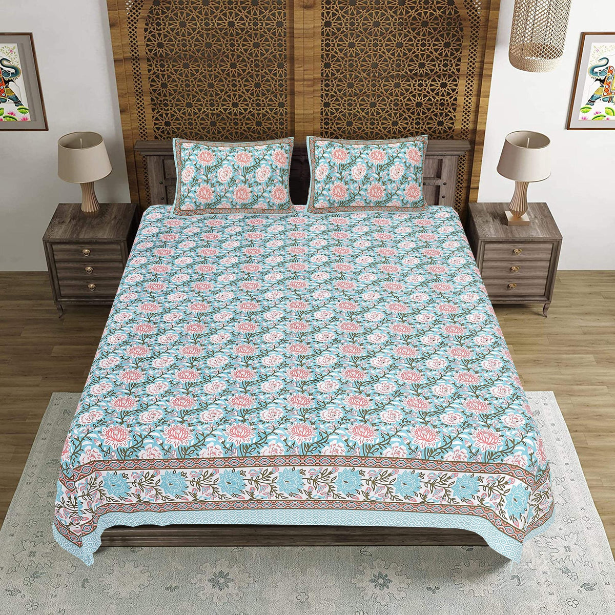 Rudra Bazaar Blue 210 TC Cotton Double King Bedsheet With 2 Pillow Covers