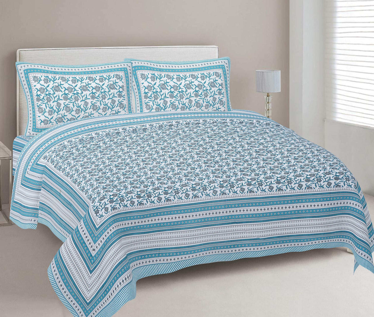 Rudra Bazaar Turquoise Blue 210 TC Cotton Double King Bedsheet With 2 Pillow Covers