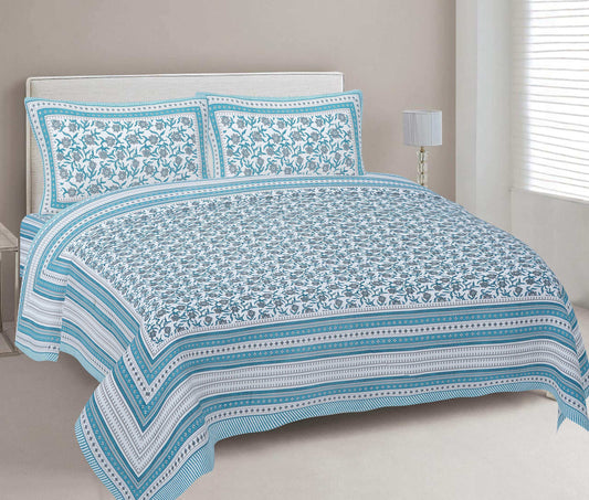 Rudra Bazaar Turquoise Blue 210 TC Cotton Double King Bedsheet With 2 Pillow Covers