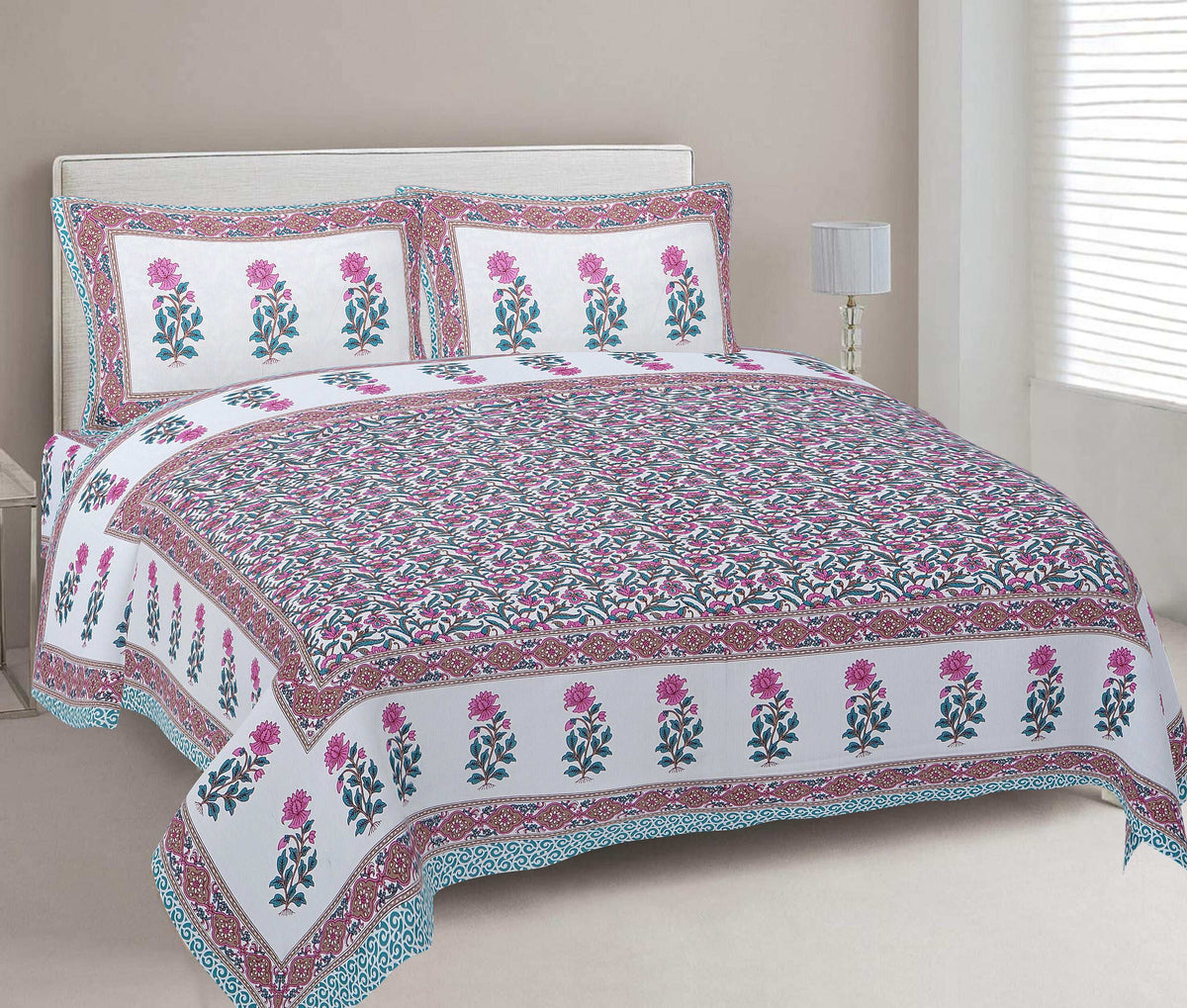 Rudra Bazaar Sea Green 210 TC Cotton Double King Bedsheet With 2 Pillow Covers
