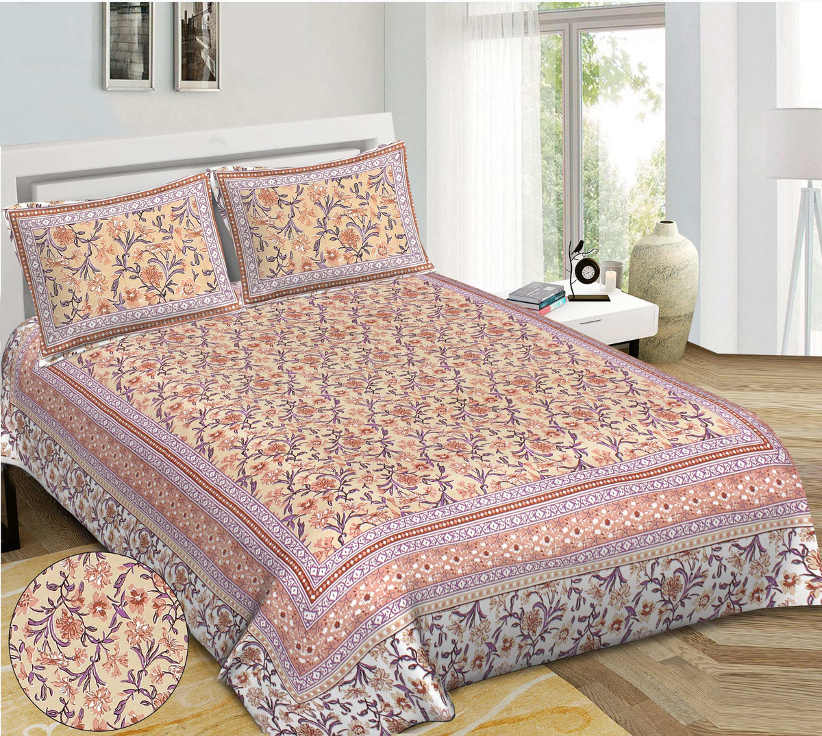 Rudra Bazaar Brown 210 TC Cotton Double King Bedsheet With 2 Pillow Covers