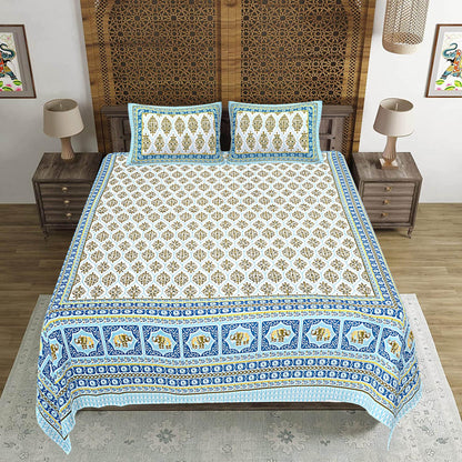 Rudra Bazaar Blue 210 TC Cotton Double King Bedsheet With 2 Pillow Covers