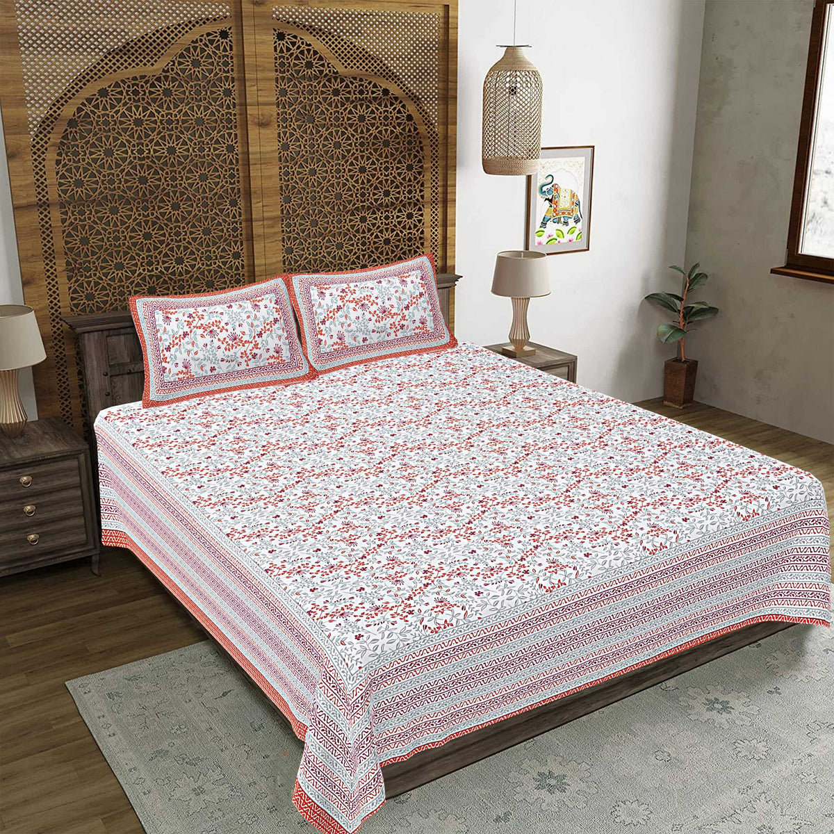 Rudra Bazaar Orange 210 TC Cotton Double King Bedsheet With 2 Pillow Covers