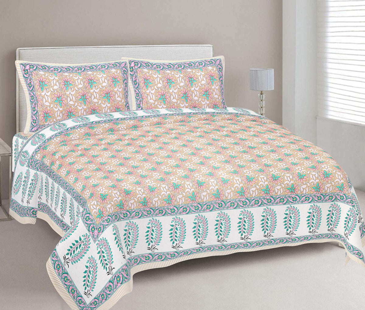 Rudra Bazaar Multi 210 TC Cotton Double King Bedsheet With 2 Pillow Covers
