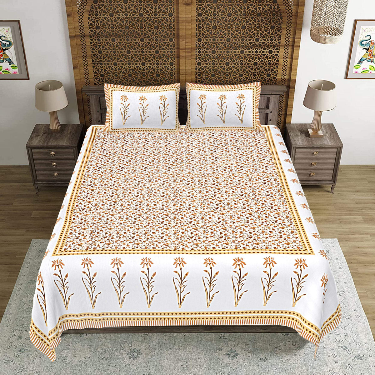 Rudra Bazaar Yellow 210 TC Cotton Double King Bedsheet With 2 Pillow Covers