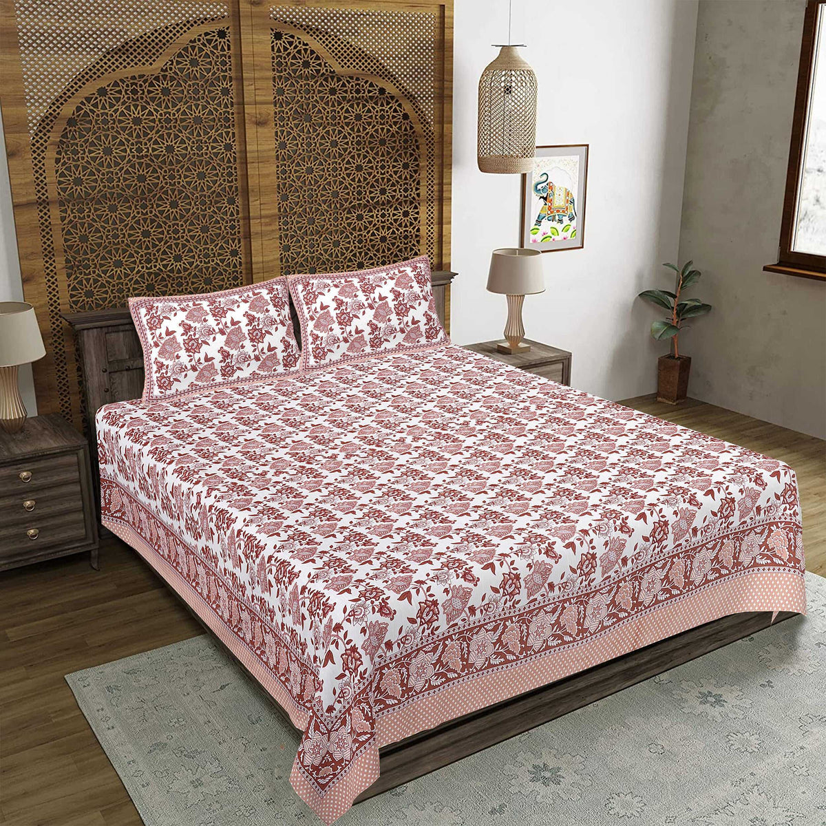 Rudra Bazaar Sea Green 210 TC Cotton Double King Bedsheet With 2 Pillow Covers