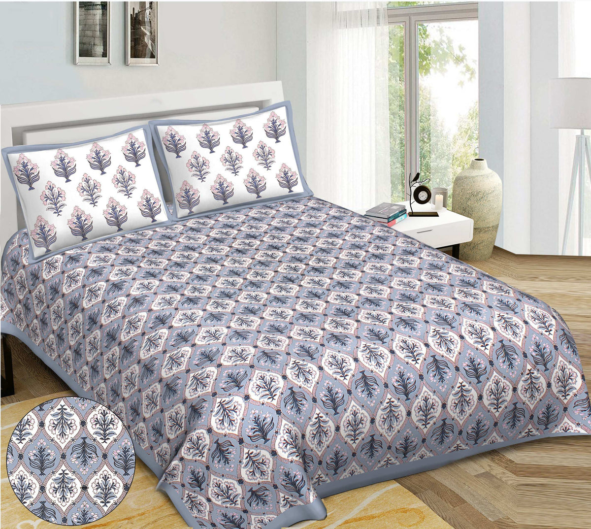 Rudra Bazaar Blue 210 TC Cotton Double King Bedsheet With 2 Pillow Covers