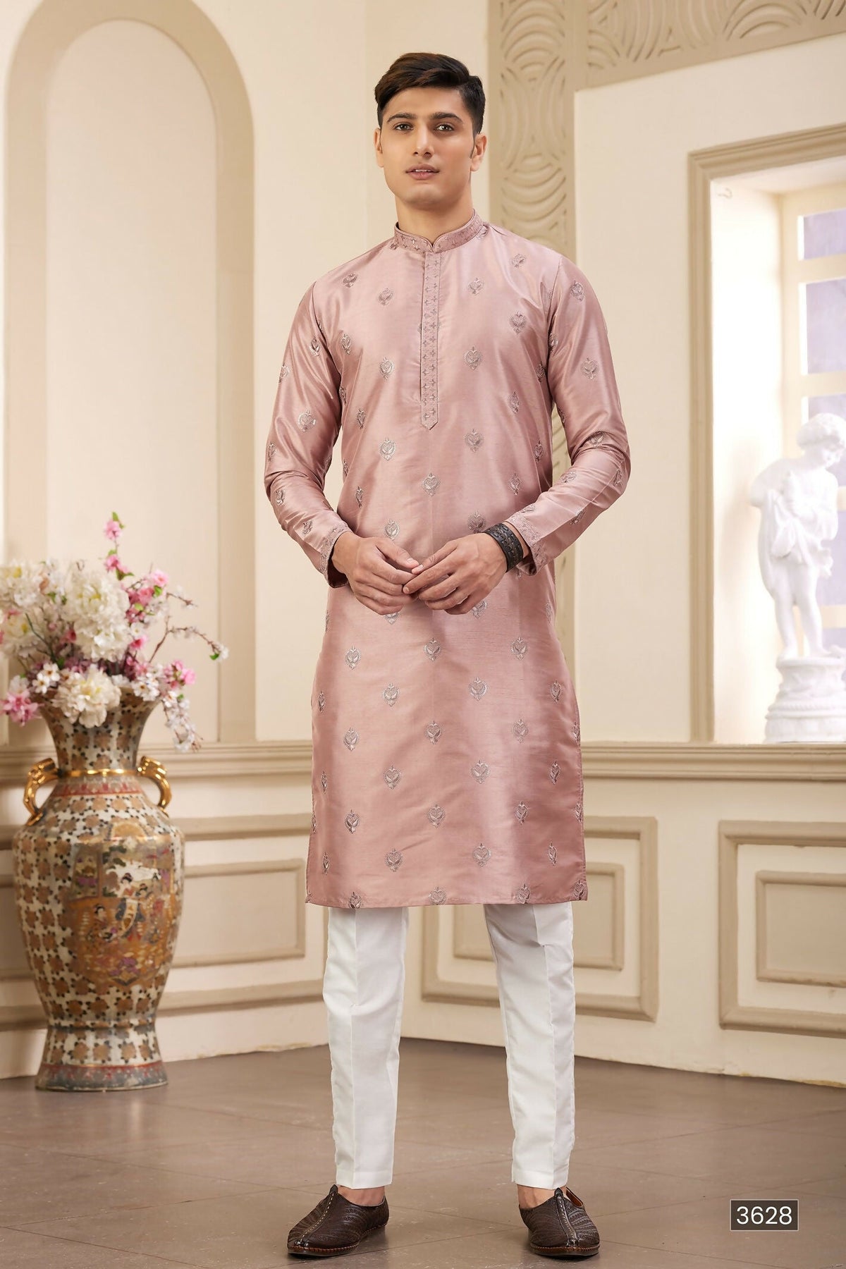 Raivat Ethnic Men's Art Silk Thread Work Kurta Pyjama In Cream Beige Colour
